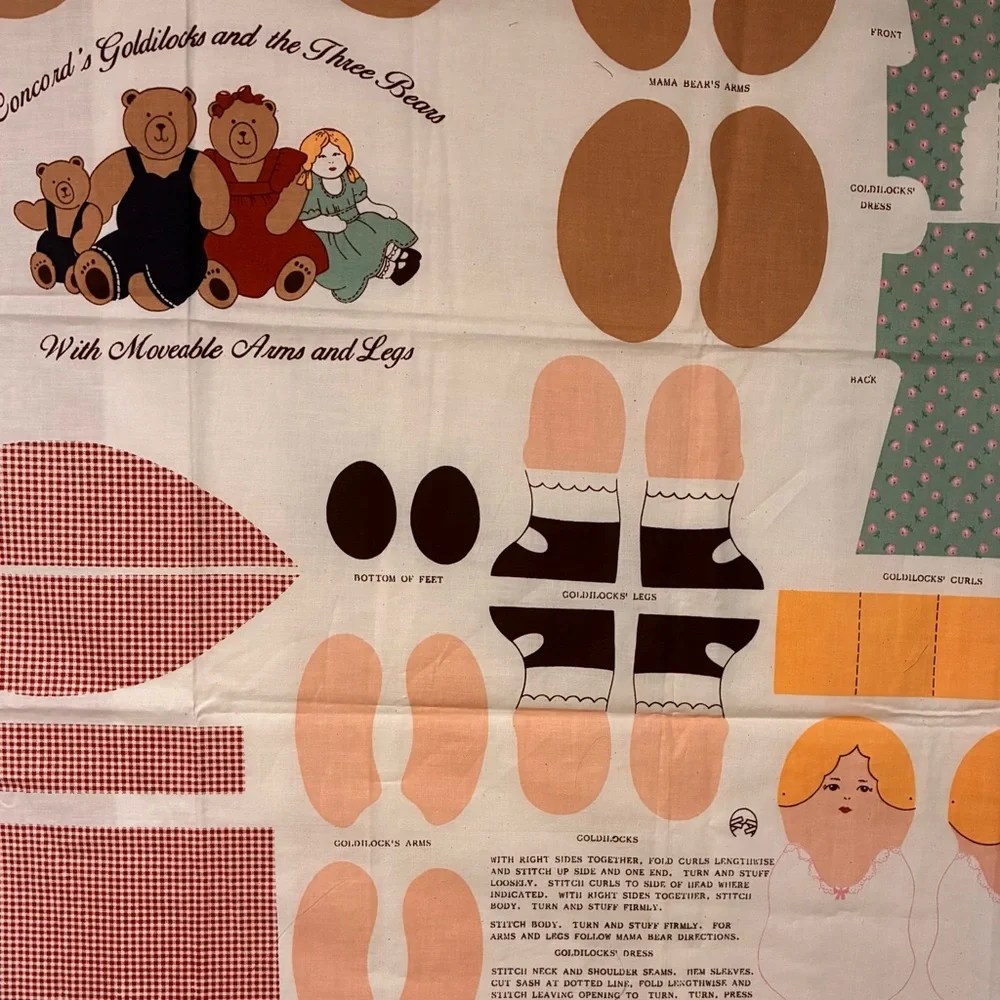 Vintage Sewing Fabric Panel “Goldilocks and the Three* Bears”Moveable Arms, Legs
